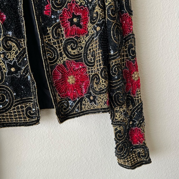 Black Beaded Jacket Long Sleeve Red Gold Embroidery Sequin Vintage Size Medium - Picture 5 of 15